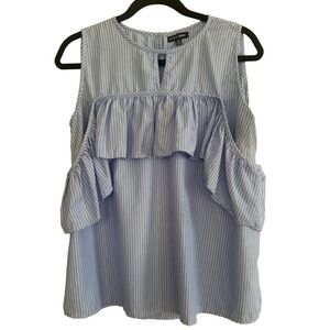 Style Envy Blue Pinstriped Ruffle Cold Shoulder Cotton Blouse Chic Top